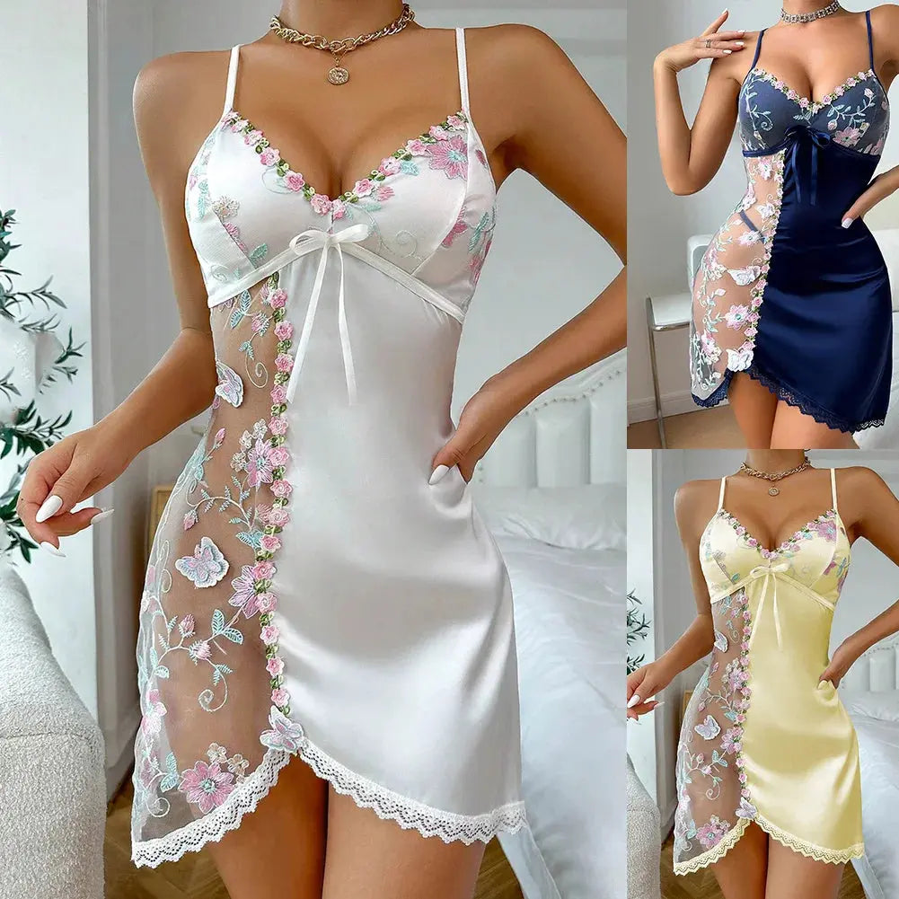 Sexy Womens Elastic Lingerie Lace See Through Underwear Floral Sexy Bow sleepwear Chic Le'Meek