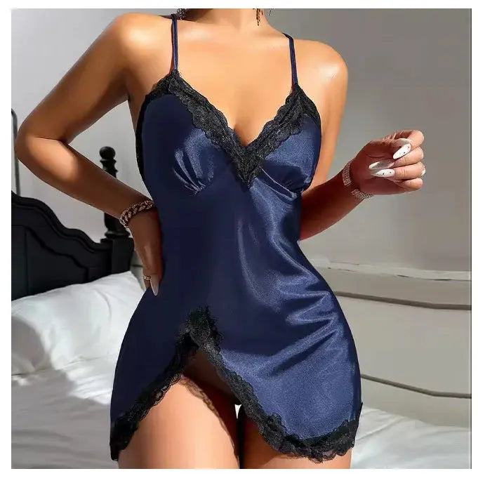 Sexy Backless Mini Female Nightgown Lingerie Summer Chemise Sleepwear Suspender Nightdress White Satin Lace Home Wear Loungewear Chic Le'Meek