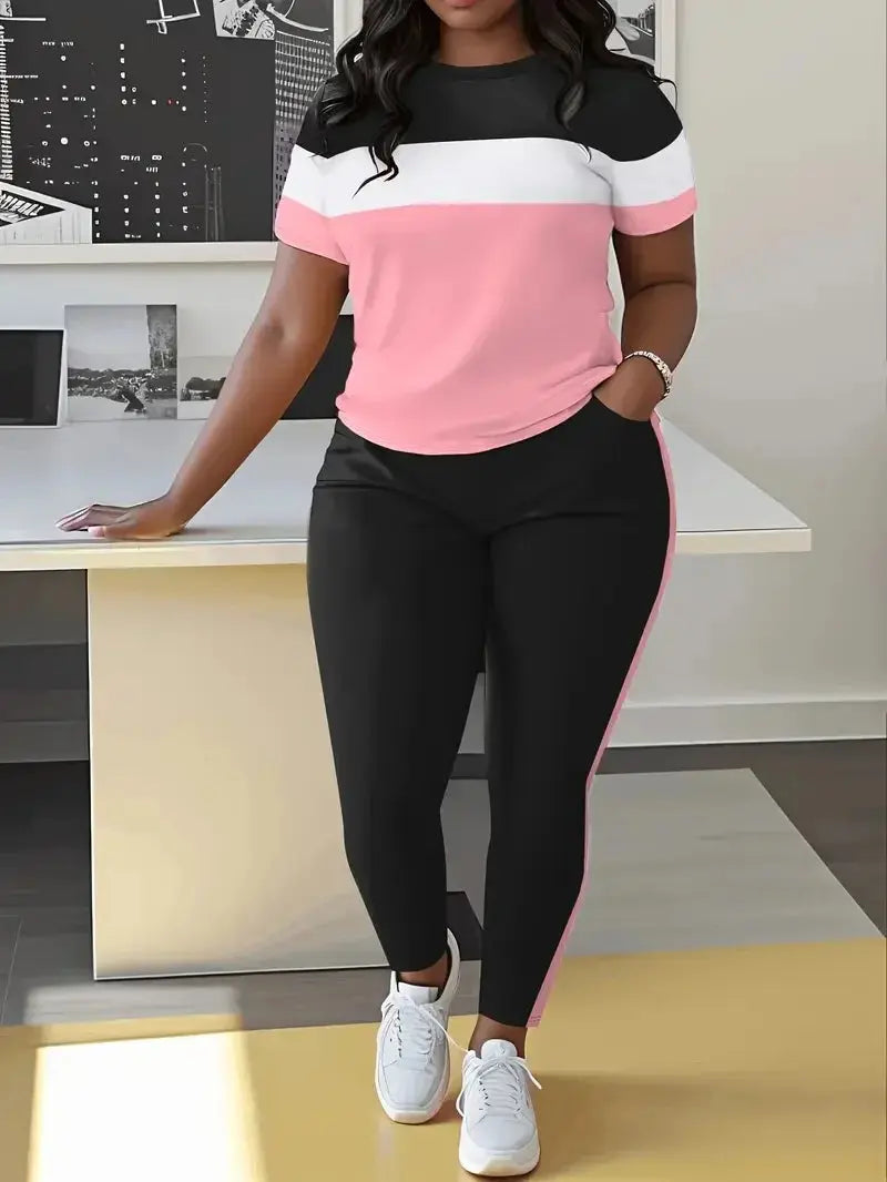 Plus-Size Women's Fashion Casual Short-Sleeve Long Pants Set with Striped Color Temu