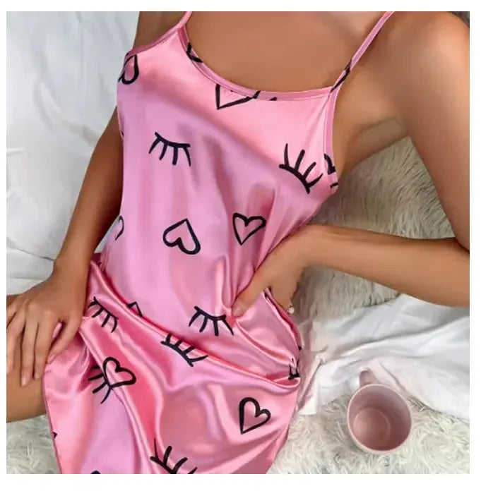 Women Nightwear Home Clothes Sexy Black Floral Printing Nightdress Sleepwear Nightshirts Silk Sleepshirts Nightgowns For Woman Chic Le'Meek