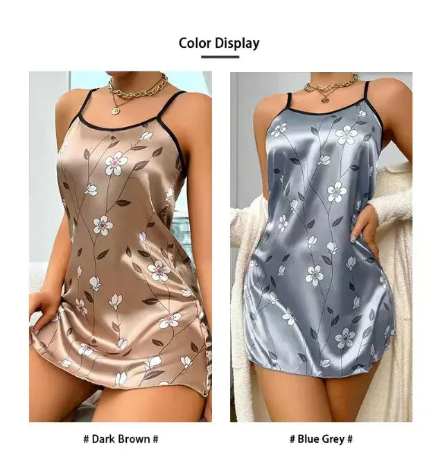 Women's Sleepwear Summer Floral Print Satin Nightgown Casual Sleeveless Backless Slip Night Dress Sexy Nightdress Home Clothes Chic Le'Meek