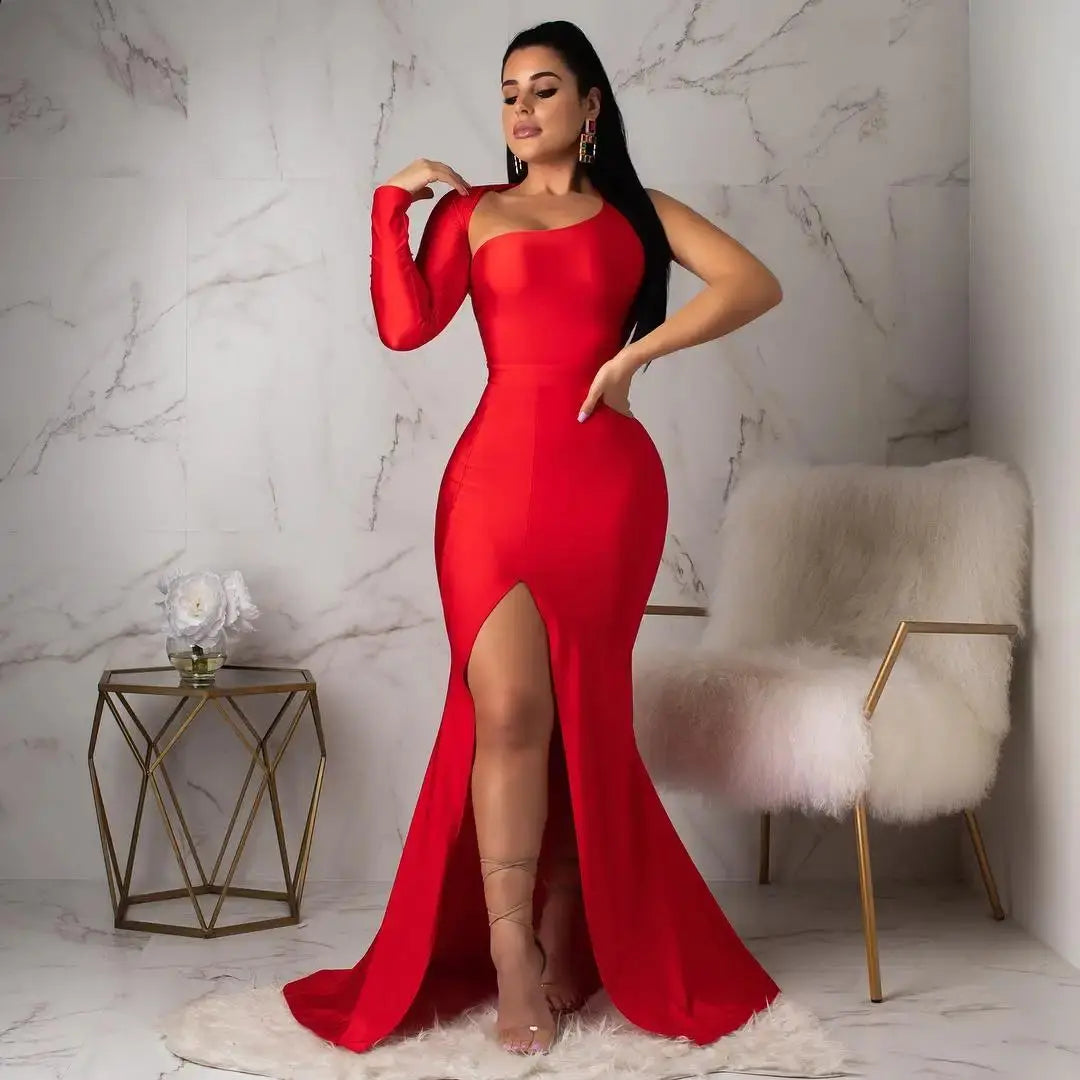 Spring Fall Longuette Long-sleeved Elastic Force Single Sleeve Slim Long Women's Dress Chic Le'Meek