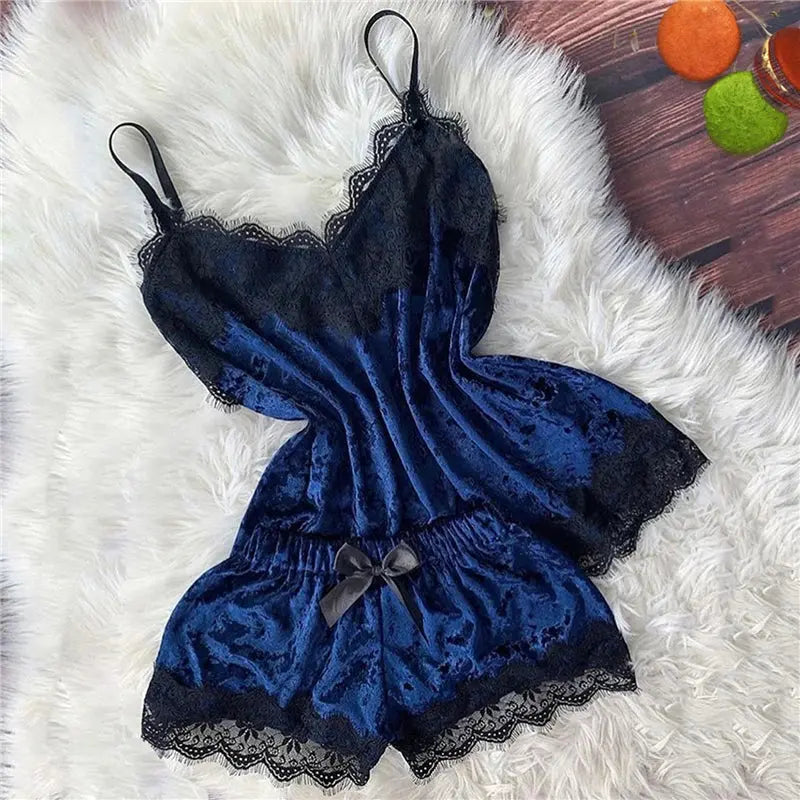 Sexy Lingerie Women Sleep Wear Camisole Bow Shorts V-Neck Tops Velvet Pajamas Sleepwear пижама женская Hot Chic Le'Meek