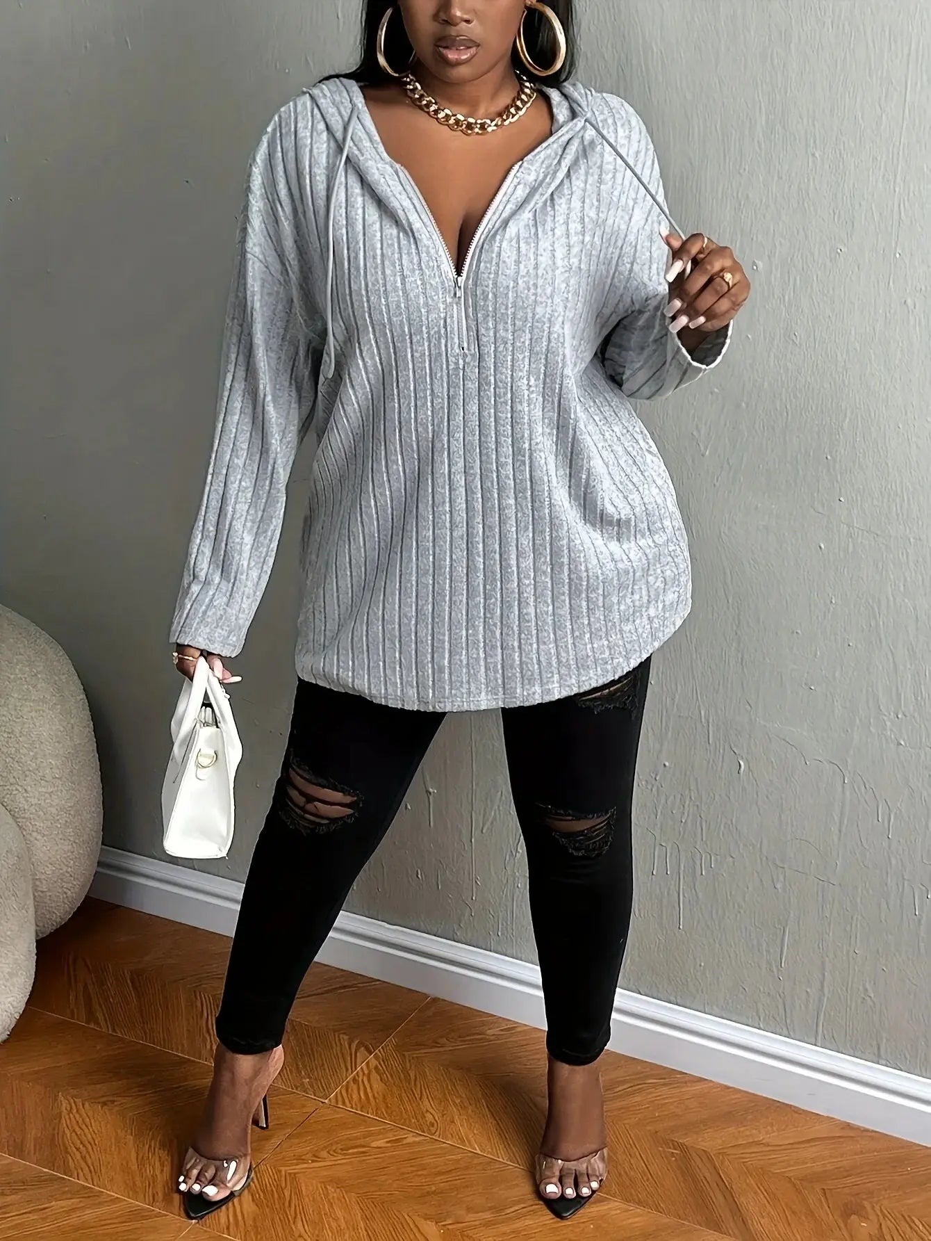 Plus size European and American cross-border autumn and winter new casual solid color half zipper hooded sweatshirt Chic Le'Meek