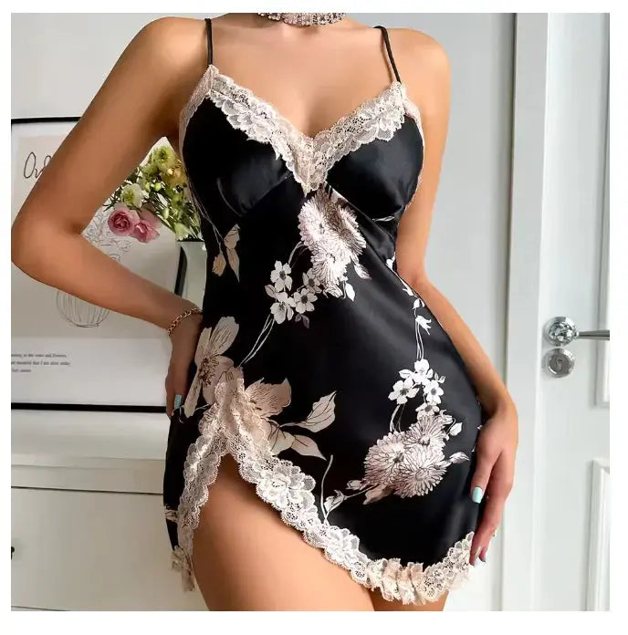 Sexy Backless Mini Female Nightgown Lingerie Summer Chemise Sleepwear Suspender Nightdress White Satin Lace Home Wear Loungewear Chic Le'Meek