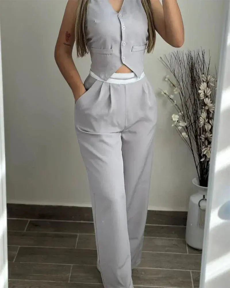 New Fashion 2024 Summer Casual Sexy Elegant V-Neck Buttoned Vest Top & Pocket Design Pants Set Womens Two Piece Sets Outfit Chic Le'Meek