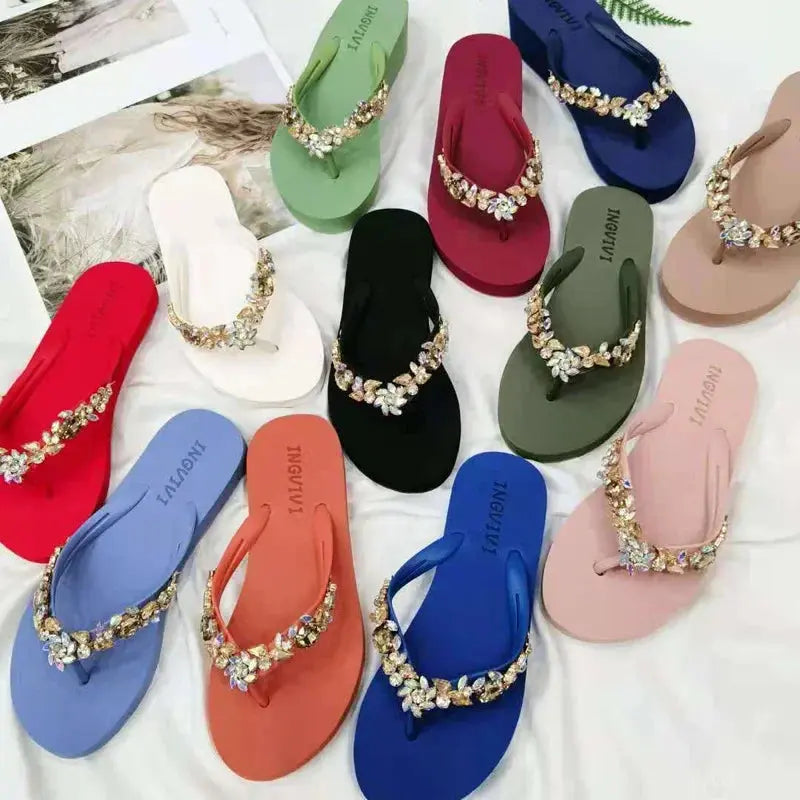 Slippers Women Glitter Flip Flops Summer 2023 Fashion Outdoor Rhinestone Chain Wedge Beach Slippers Jelly Hawaiian Flat Sandals Temu