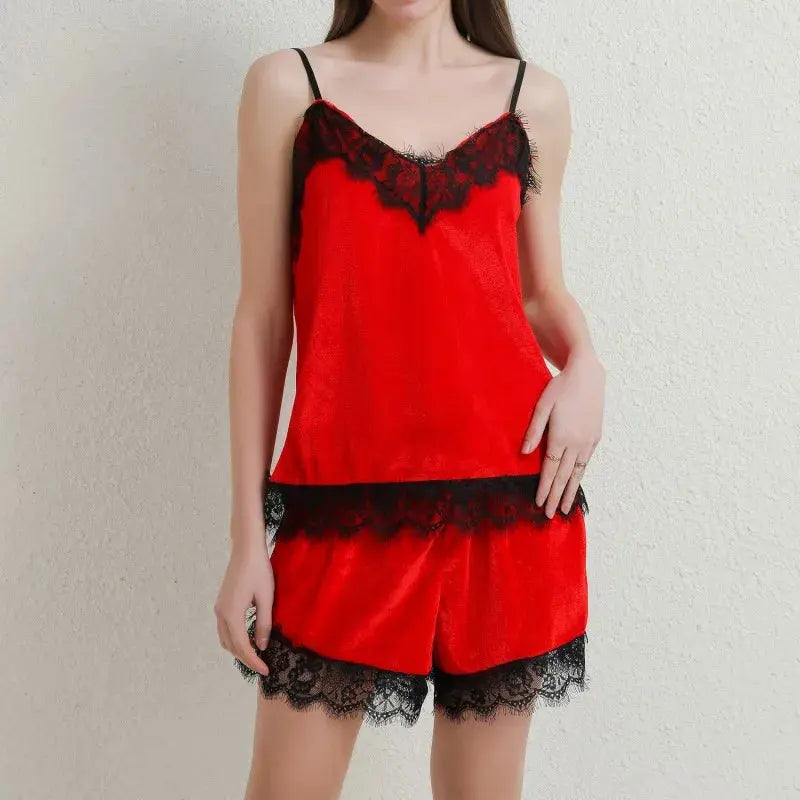 Sexy Lingerie Women Sleep Wear Camisole Bow Shorts V-Neck Tops Velvet Pajamas Sleepwear пижама женская Hot Chic Le'Meek