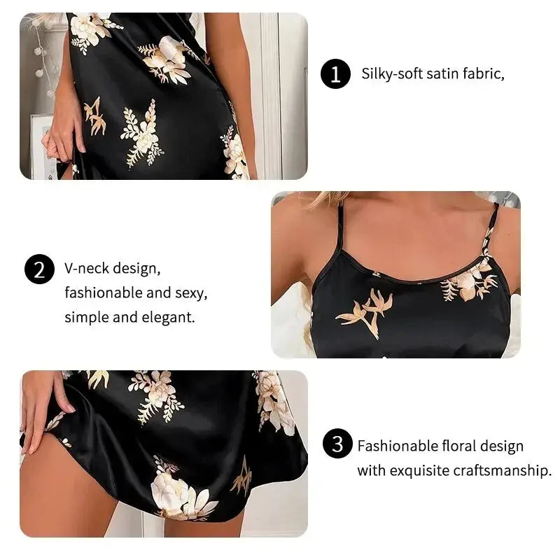 Women Nightwear Home Clothes Sexy Black Floral Printing Nightdress Sleepwear Nightshirts Silk Sleepshirts Nightgowns For Woman Chic Le'Meek