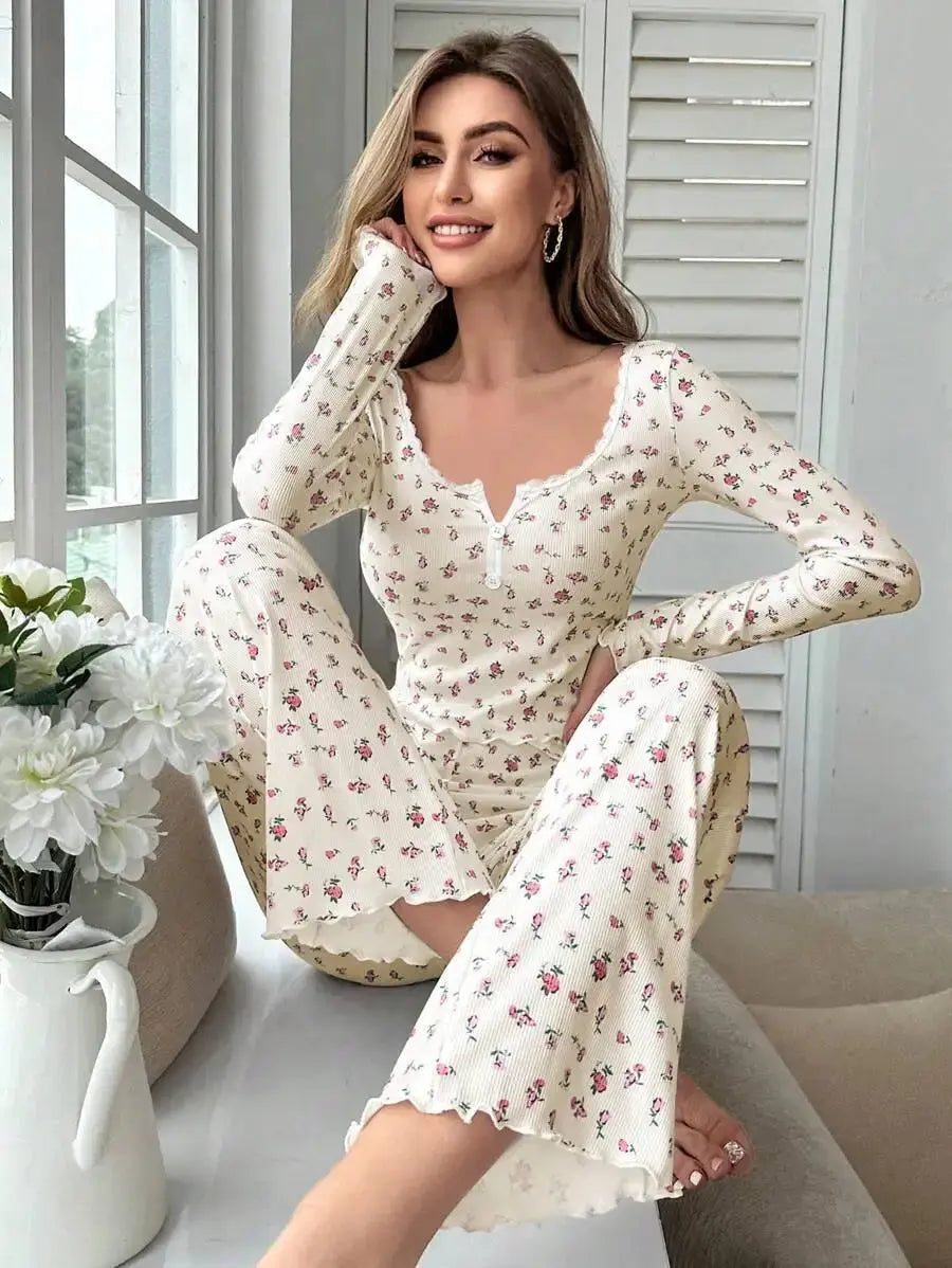 Sleepwear Women Floral Print Lettuce Trim Top with Long Pant Lovely Loungewear Chic Le'Meek