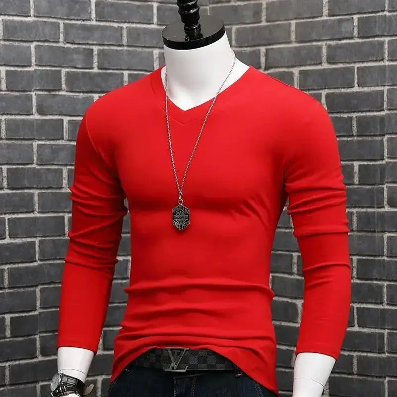 Men Casual Long Sleeve Pull on V neck Bottoming Shirt Tees Chic Le'Meek
