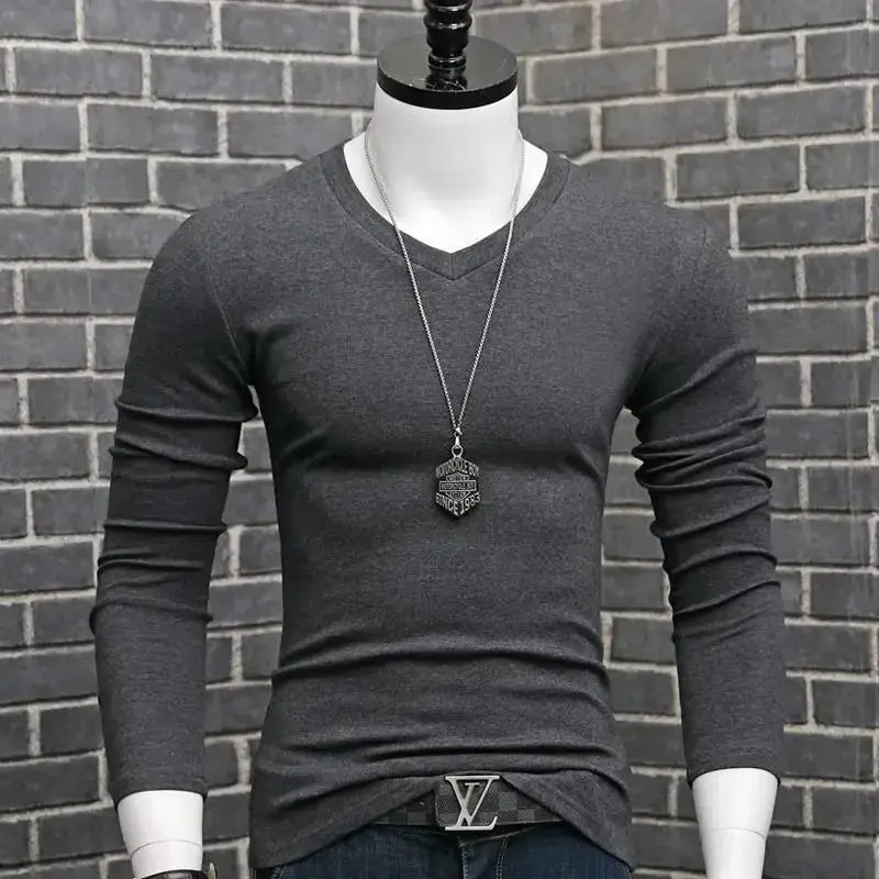Men Casual Long Sleeve Pull on V neck Bottoming Shirt Tees Chic Le'Meek