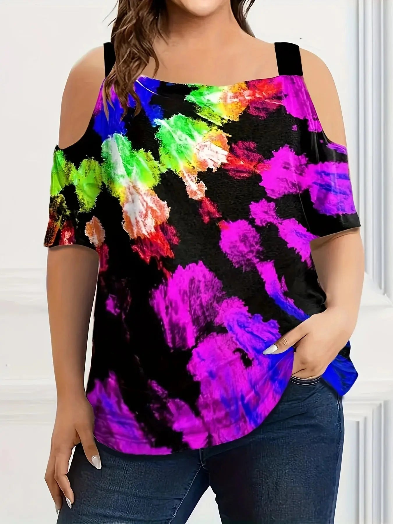 New plus size fashion off-the-shoulder multi-color print Temu
