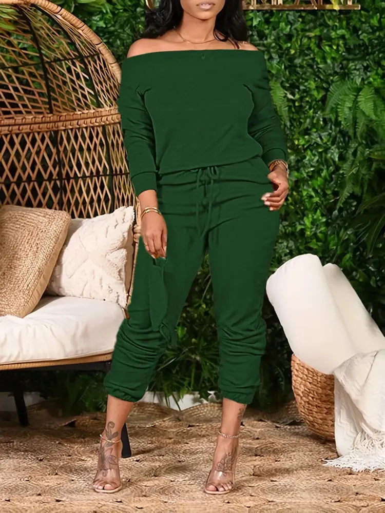 Plus Size 2025 Spring Summer New Women's Slant Shoulder Top and Skinny Pants Set Home Office Comfortable Versatile Chic Le'Meek