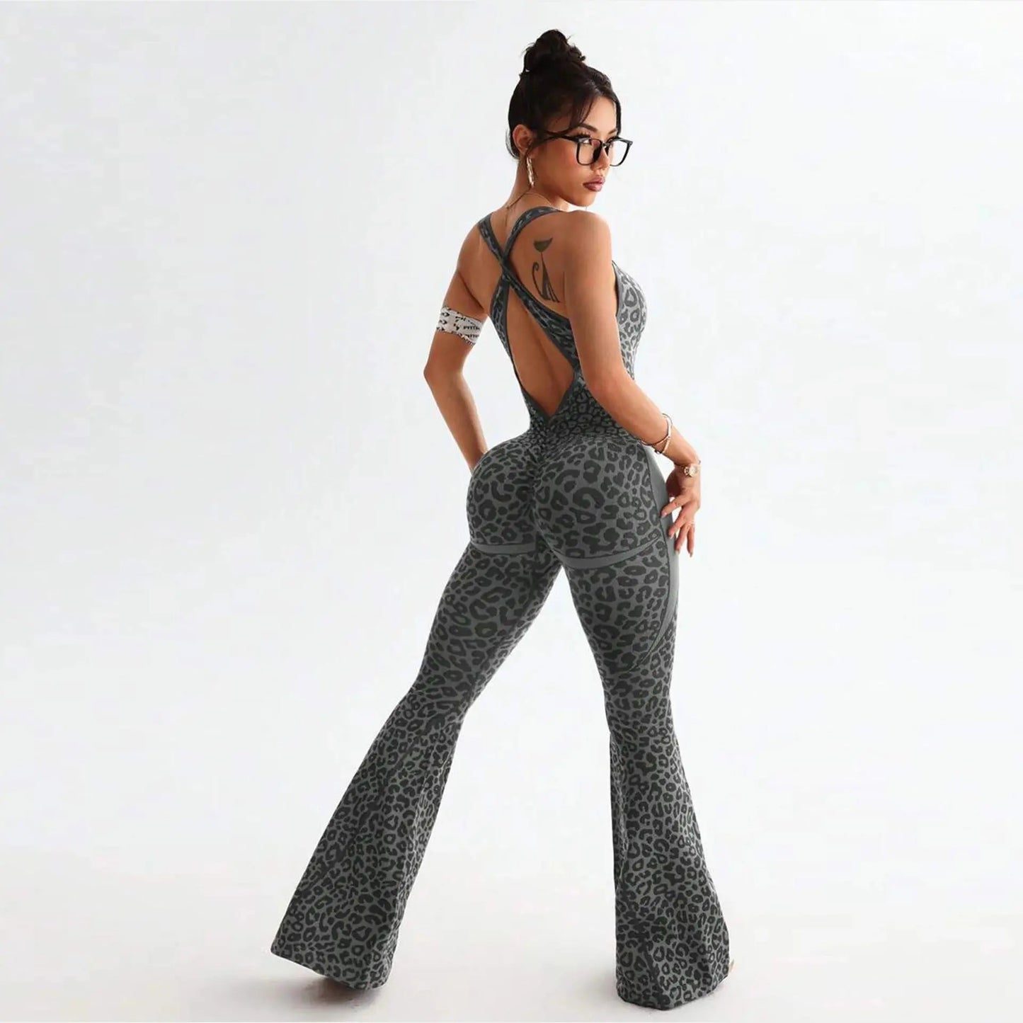 Women Leopard Sports Jumpsuits Flared Bodycon Tracksuits Crossover Bandage Yoga Workout Fitness Gym Training Athletic Tights Chic Le'Meek