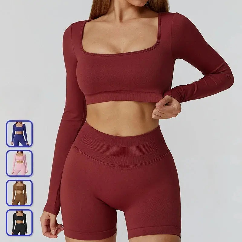 New Sexy Back Hollow Out Long Sleeve Yoga Shirts Square Neck Quick Dry Running Tops Tight Slimming Gym Fitness T-Shirt With Pads Chic Le'Meek