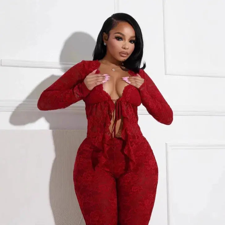 Pant Sets Women Two Pieces Cardigan Lace Sexy Tops Tracksuit Full Wide Leg Pants Loose Fit Casual Spliced High Waist Solid Chic Le'Meek