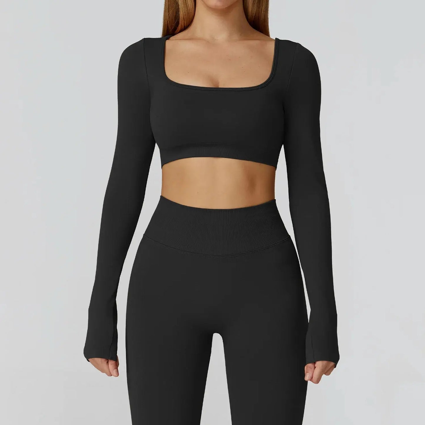 Seamless Casual Quick Dry Sportswear Women Square Neck Gym Top Women Fitness Sports Crop Top Female Long Sleeve Yoga Clothing Chic Le'Meek