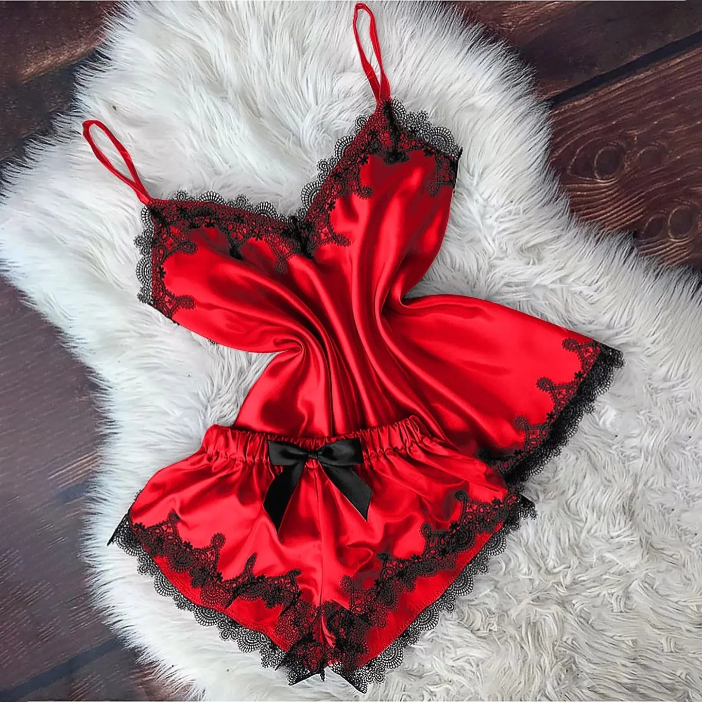 Sexy Lingerie Women Sleep Wear Camisole Bow Shorts V-Neck Top Chic Le'Meek