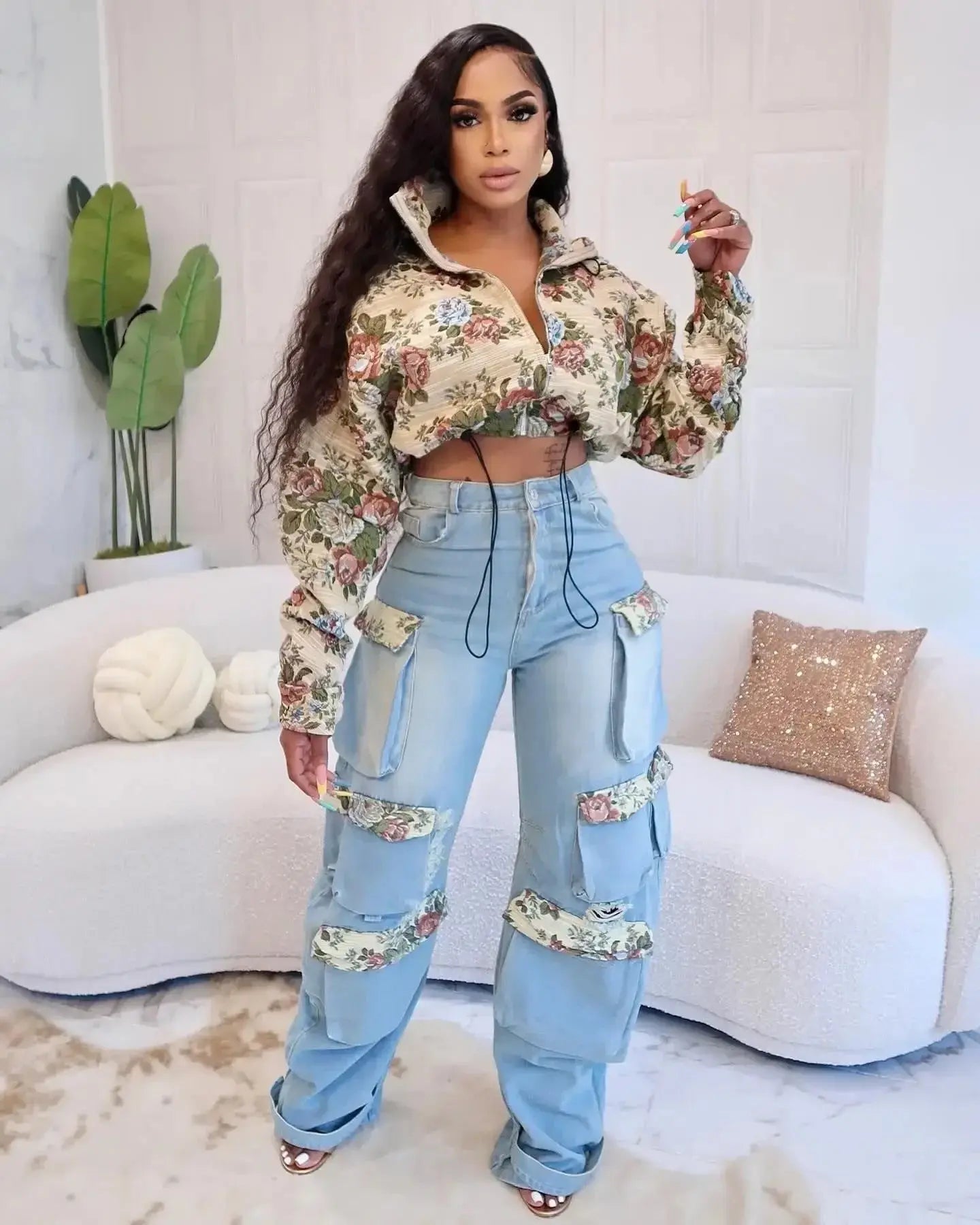 CM.YAYA Washed Denim Women's Set Full Sleeve Floral Jacket and Pockets Cargo Jeans Pants Suit 2024 Street Two 2 Piece Set Outfit Chic Le'Meek