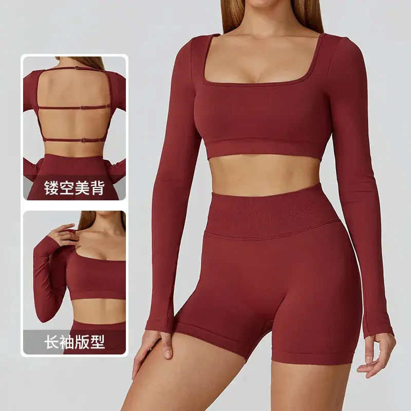 New Sexy Back Hollow Out Long Sleeve Yoga Shirts Square Neck Quick Dry Running Tops Tight Slimming Gym Fitness T-Shirt With Pads Chic Le'Meek
