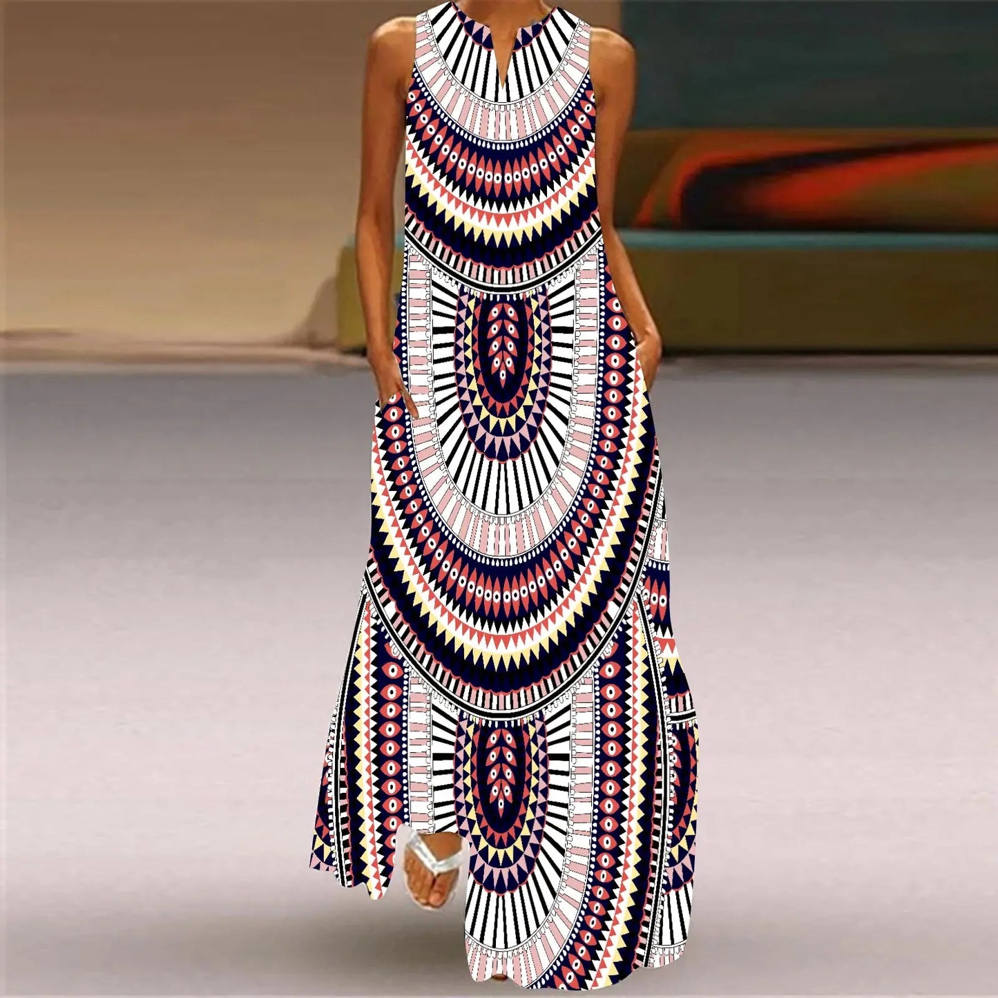 Mask printing Dress Sexy Sleeveless Dress V-Neck Casual Clothing Women Chic Le'Meek
