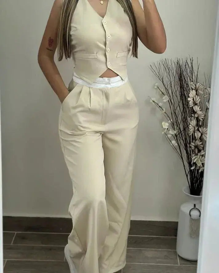New Fashion 2024 Summer Casual Sexy Elegant V-Neck Buttoned Vest Top & Pocket Design Pants Set Womens Two Piece Sets Outfit Chic Le'Meek