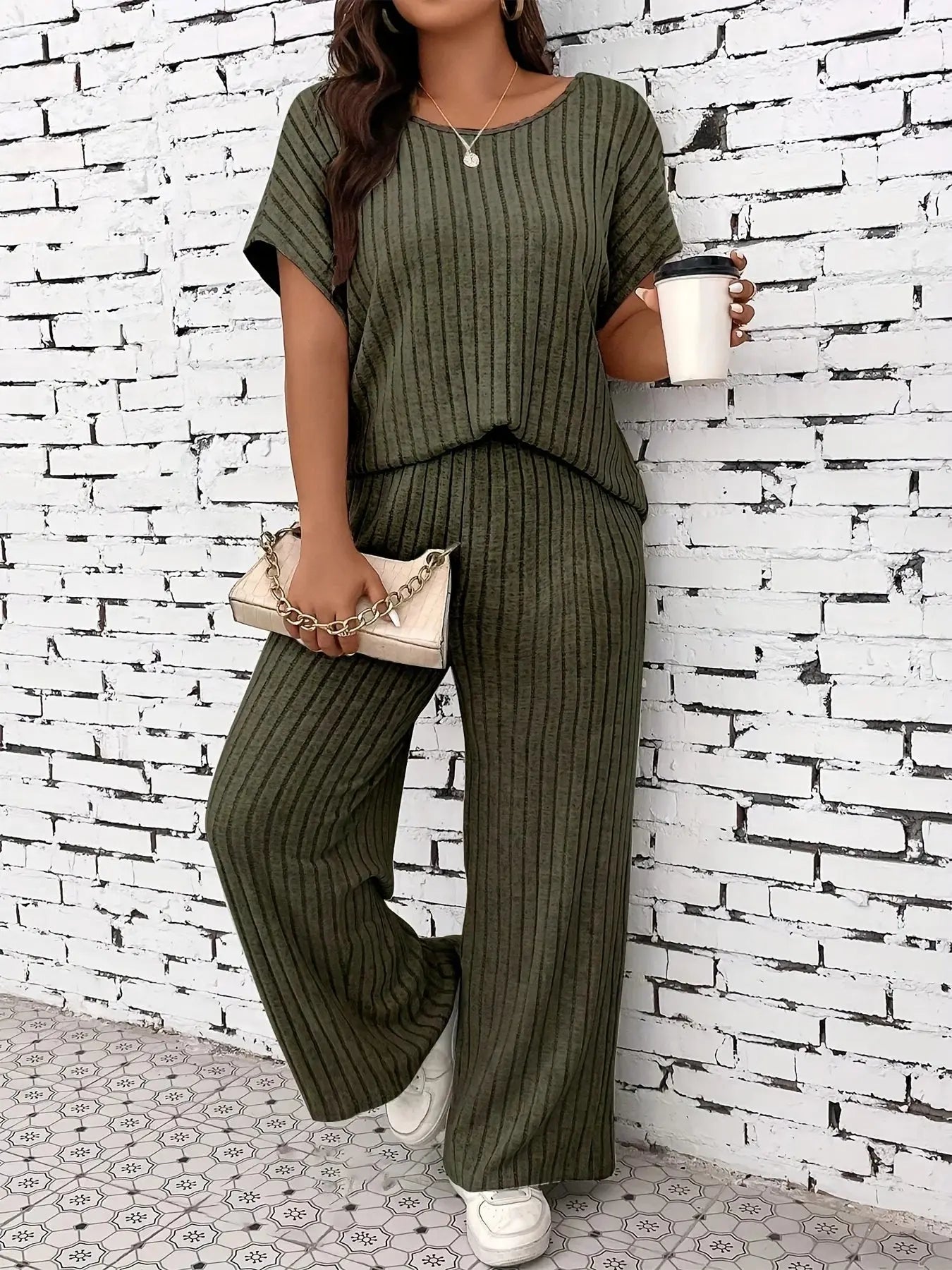 Plus Size Women’s Casual Two-Piece Outfit Striped Top and Wide-Leg Pants Set Comfortable Lounge Wear Chic Le'Meek