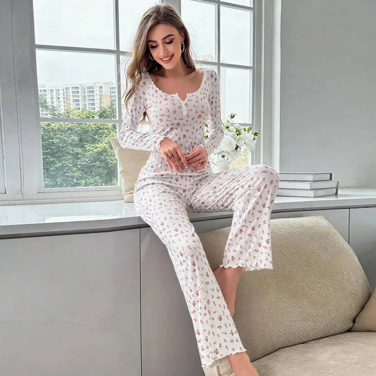 Sleepwear Women Floral Print Lettuce Trim Top with Long Pant Lovely Loungewear Chic Le'Meek
