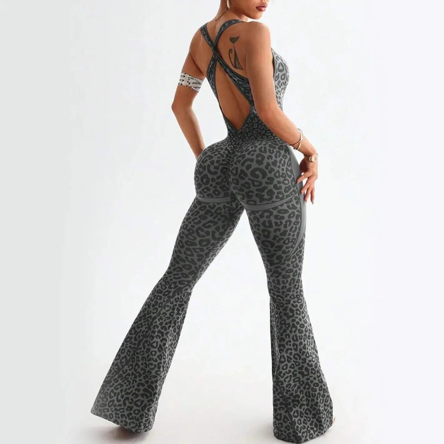 Women Jumpsuit Yoga Leopard Hollow Out Bodysuit Flared Backless Cross Lady Sports Gym Jumpsuit High Waist for Woman Fitness Chic Le'Meek