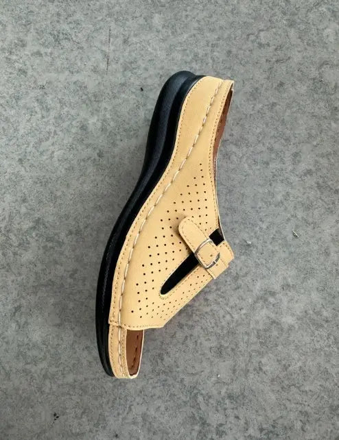 Shoes with hollowed out fish mouth button and sloping heel sandals AliExpress