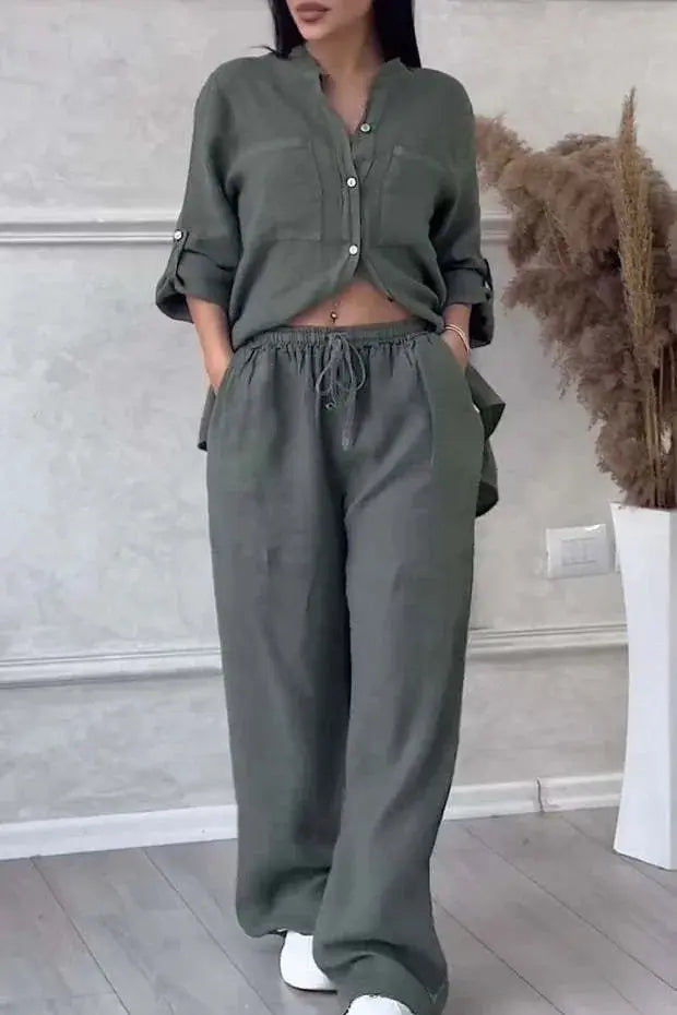 Women Plus Size Two Pieces Set Drawstring Straight Elastic Waist and Long Sleeve Button Shirt Top Matching Set Linen Cotton Set Chic Le'Meek