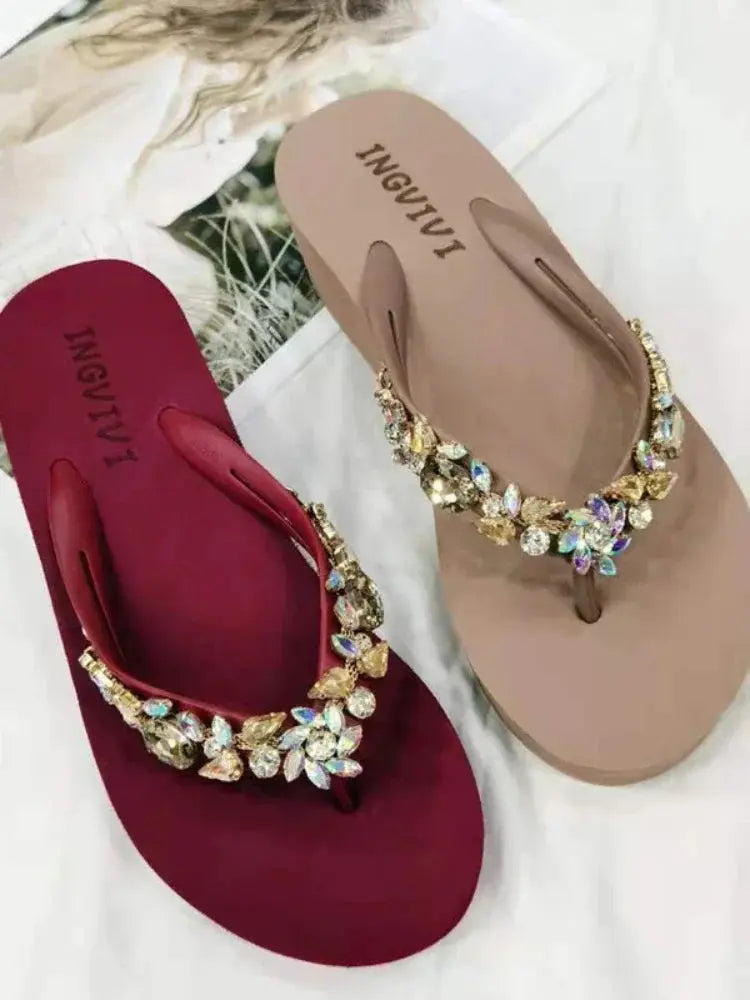 Slippers Women Glitter Flip Flops Summer 2023 Fashion Outdoor Rhinestone Chain Wedge Beach Slippers Jelly Hawaiian Flat Sandals Temu