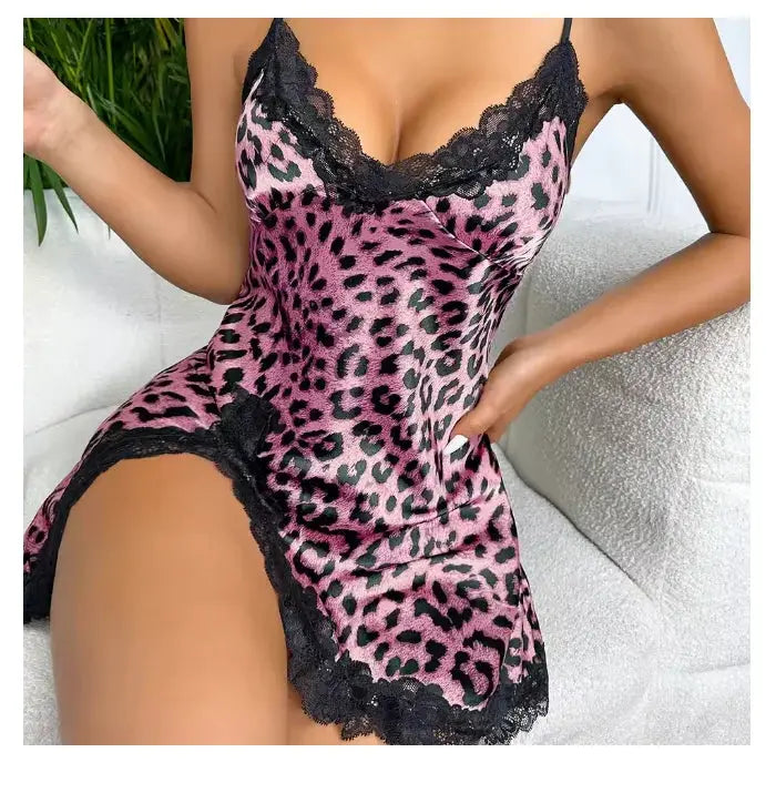 Lace Trim Leopard Nightdress V Neck Backless Side Split Slip Sleep Dress Women's Sleepwear Dresses Chic Le'Meek