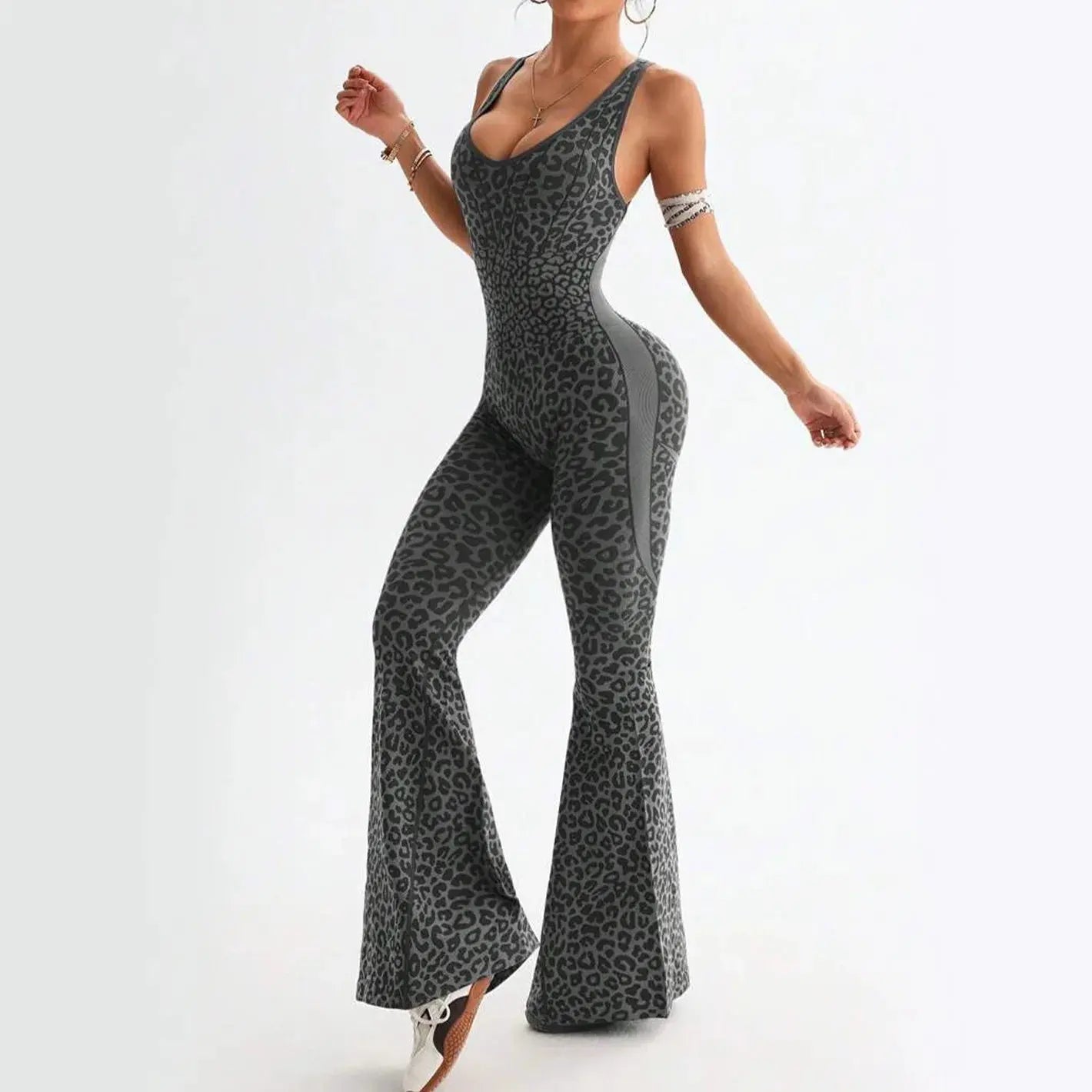 Women Jumpsuit Yoga Leopard Hollow Out Bodysuit Flared Backless Cross Lady Sports Gym Jumpsuit High Waist for Woman Fitness Chic Le'Meek