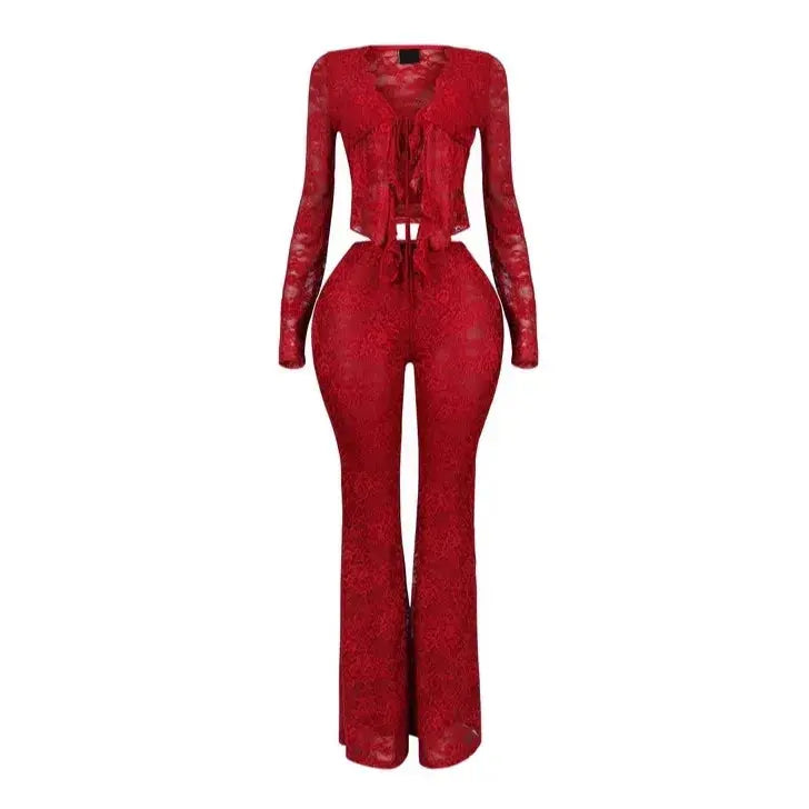 Pant Sets Women Two Pieces Cardigan Lace Sexy Tops Tracksuit Full Wide Leg Pants Loose Fit Casual Spliced High Waist Solid Chic Le'Meek