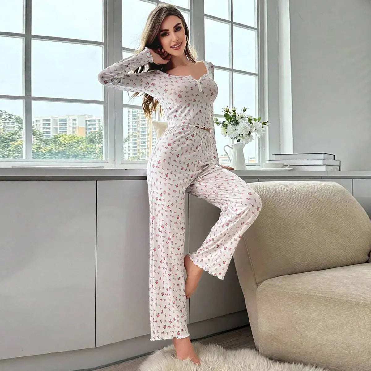 Sleepwear Women Floral Print Lettuce Trim Top with Long Pant Lovely Loungewear Chic Le'Meek