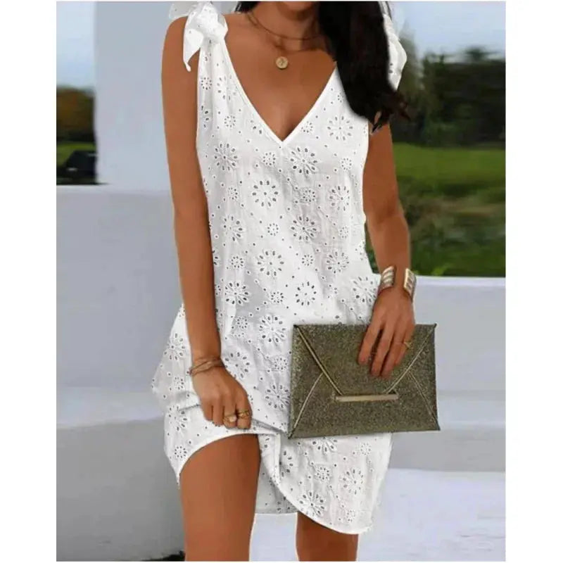 Elegant Dresses V-Neck Eyelet Embroidery Tied Detail Sleeveless Mini Straight Dress Vacation Fashion Summer Dress Chic Le'Meek