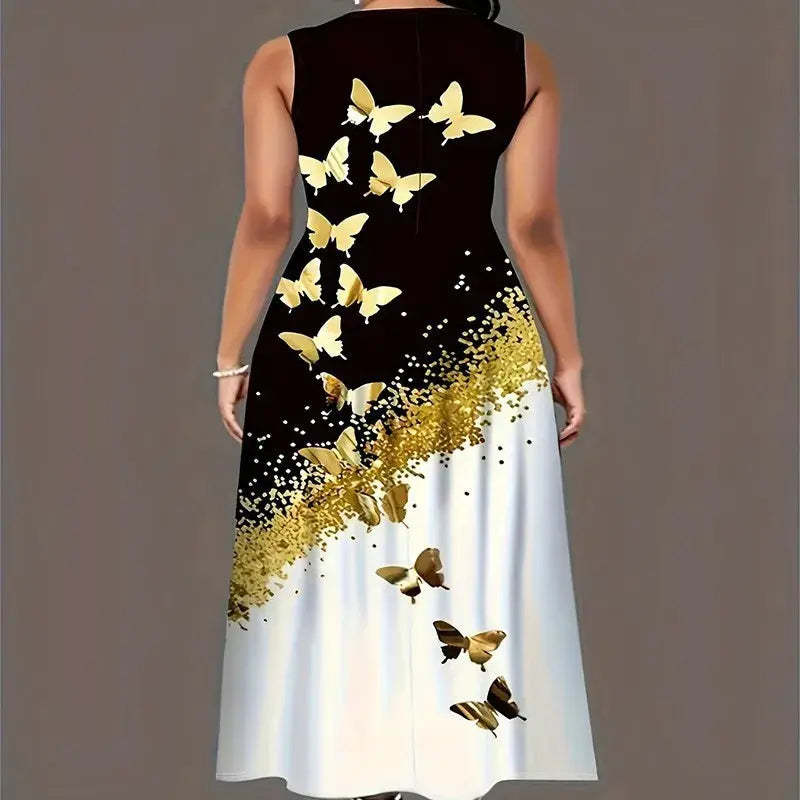 Plus size dress spring and summer new style dress European and American butterfly print pocket round neck vest A-line dress Chic Le'Meek
