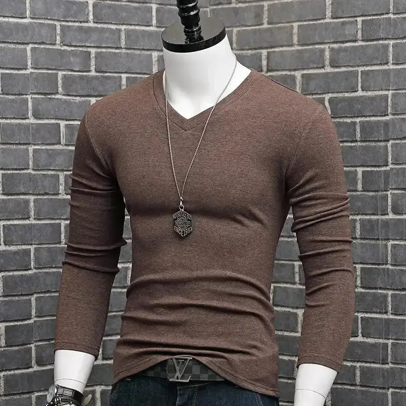 Men Casual Long Sleeve Pull on V neck Bottoming Shirt Tees Chic Le'Meek