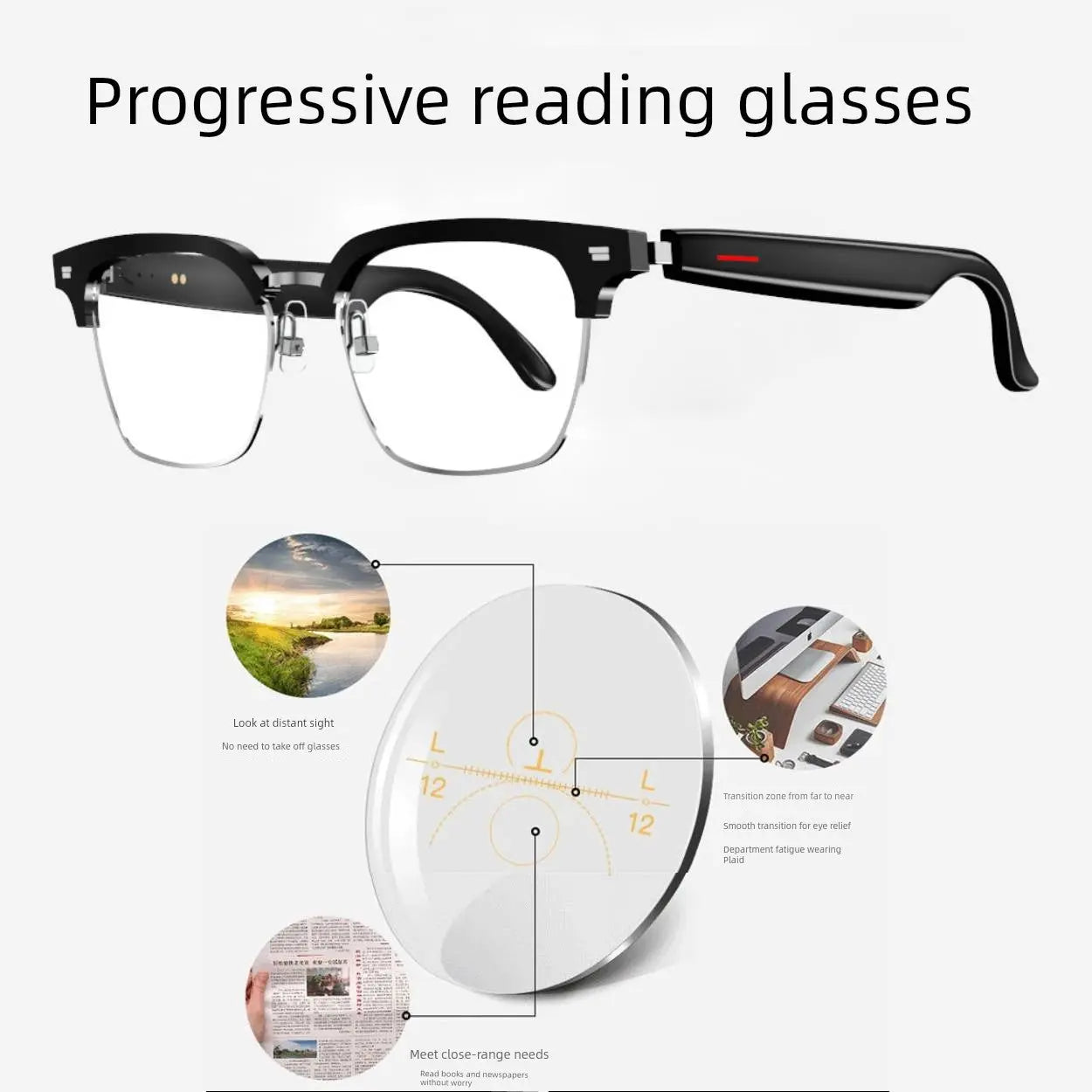 Smart Bluetooth Dual-Purpose Color Changing Presbyopic Glasses Automatic Zoom HD Anti-Blue Ray Presbyopic Glasses Call Music Chic Le'Meek