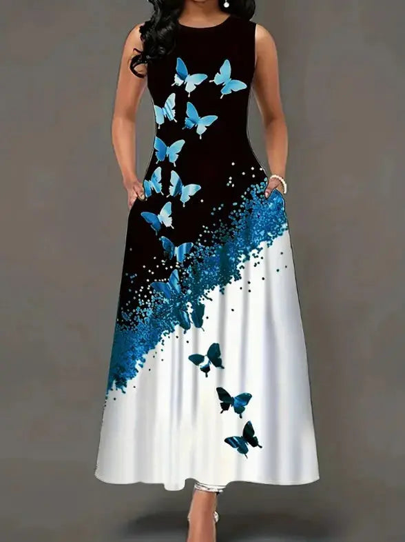 Plus size dress spring and summer new style dress European and American butterfly print pocket round neck vest A-line dress Chic Le'Meek
