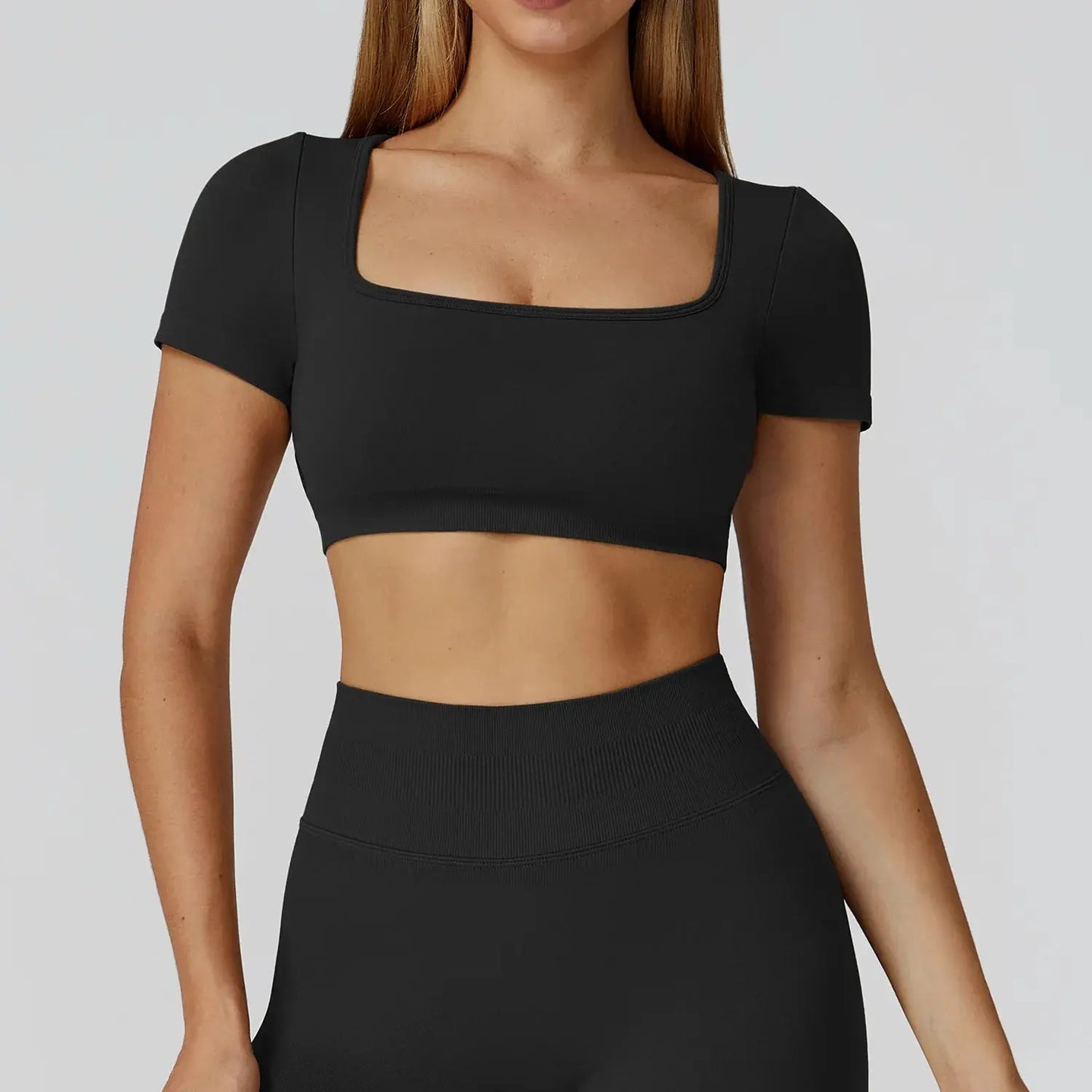 New Sexy Back Hollow Out Long Sleeve Yoga Shirts Square Neck Quick Dry Running Tops Tight Slimming Gym Fitness T-Shirt With Pads Chic Le'Meek