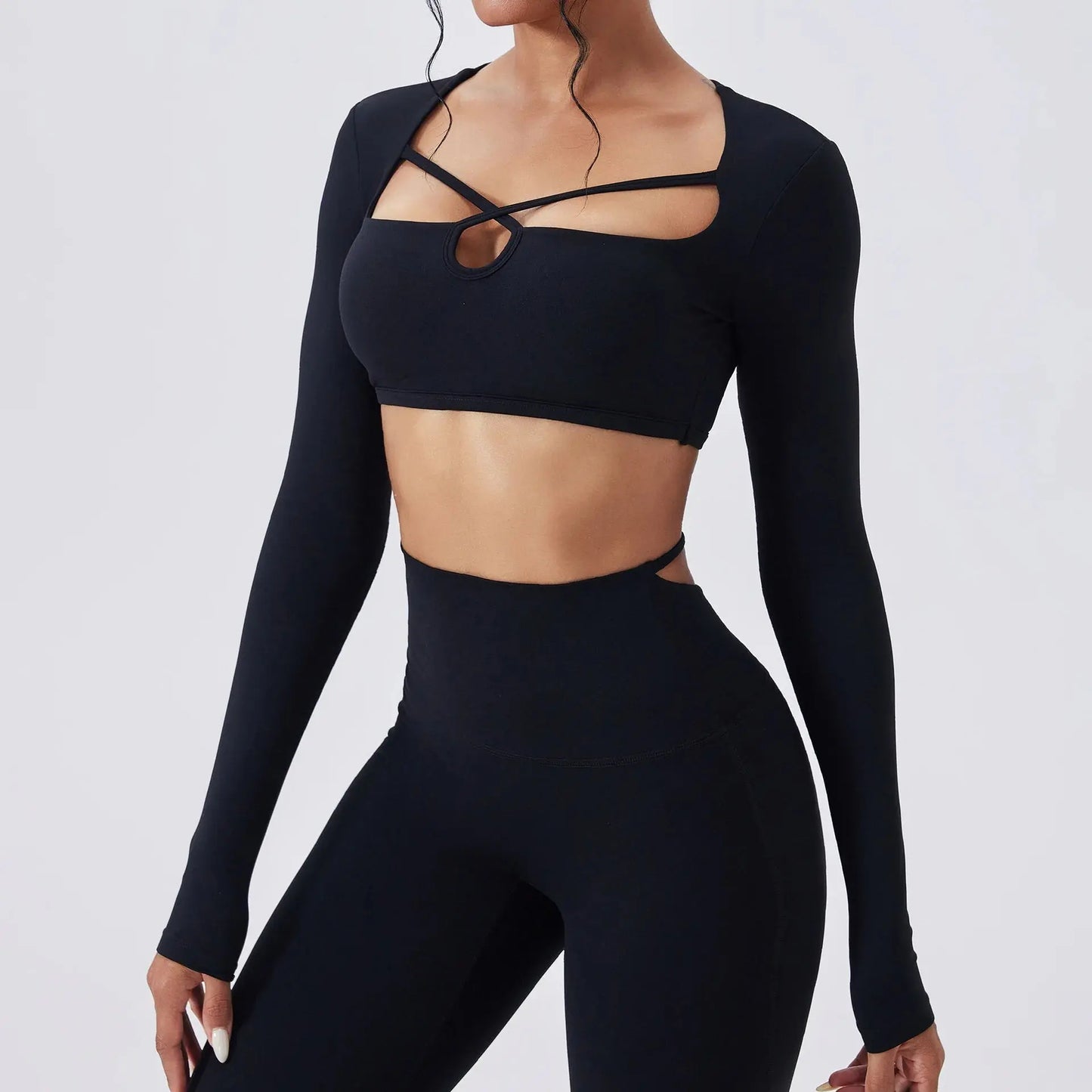 Sexy Square Neck Yoga Top Women Cutout Design Secado Rápido -Transpirable Long Sleeve Fitness Shirt Running Ropa Deportiva Mujer Chic Le'Meek