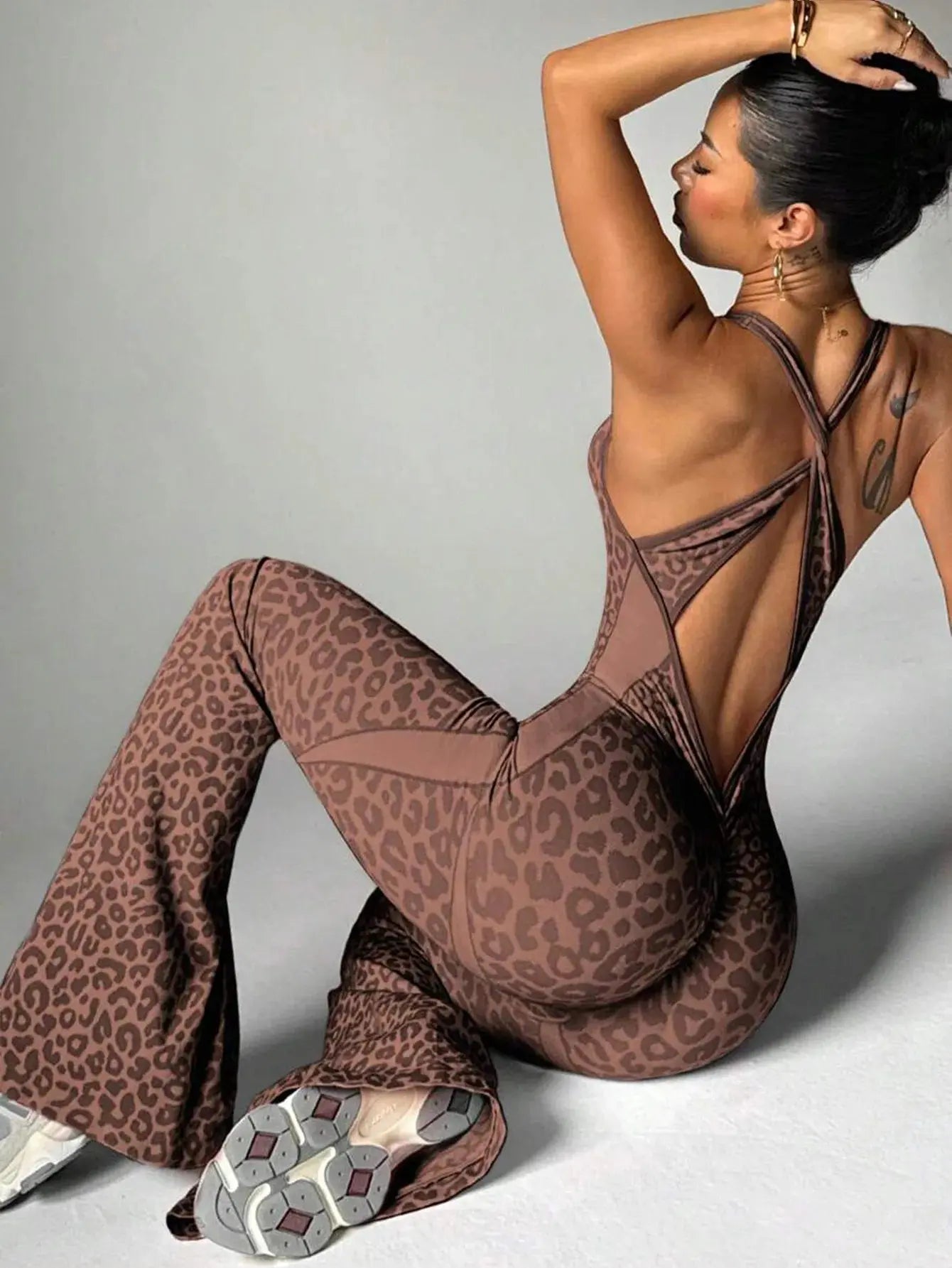 Women Leopard Sports Jumpsuits Flared Bodycon Tracksuits Crossover Bandage Yoga Workout Fitness Gym Training Athletic Tights Chic Le'Meek