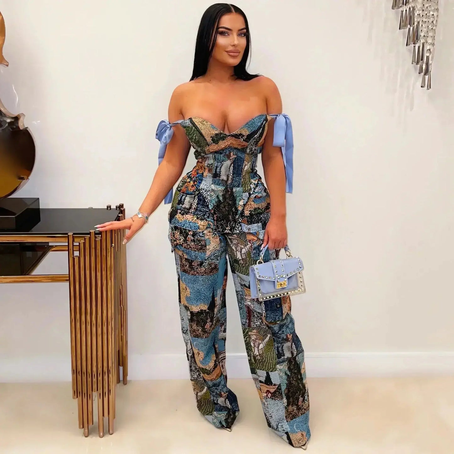 Oil Painting Printed Women's Set Lace Up Back Crop Top and Pants Suit 2025 Fall Winter Two 2 Piece Sets Outfit Tracksuit AliExpress