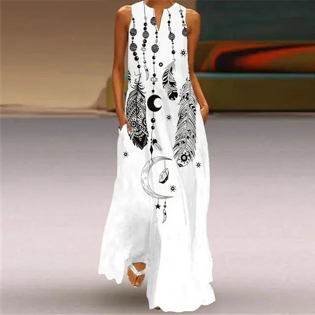 Mask printing Dress Sexy Sleeveless Dress V-Neck Casual Clothing Women Chic Le'Meek