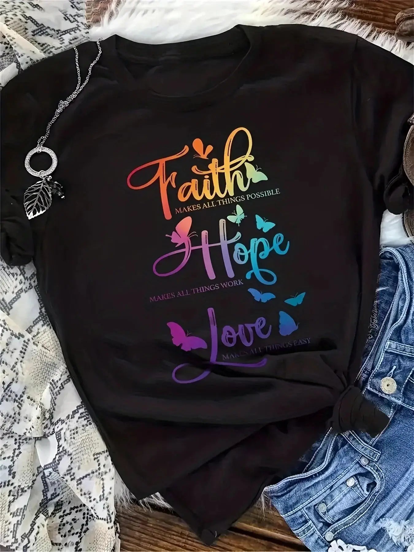 Plus Size Casual T-shirt Women's Plus Butterfly & Slogan Print Short Sleeve Round Neck Slight Stretch T-shirt Chic Le'Meek
