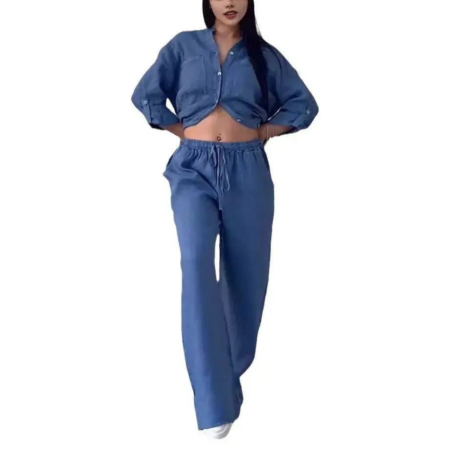 Women Plus Size Two Pieces Set Drawstring Straight Elastic Waist and Long Sleeve Button Shirt Top Matching Set Linen Cotton Set Chic Le'Meek