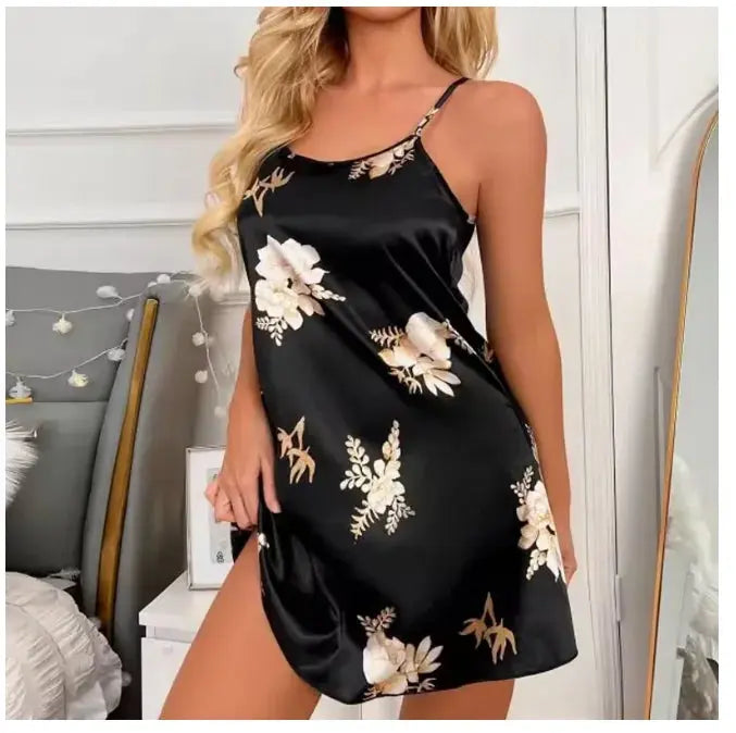 Women Nightwear Home Clothes Sexy Black Floral Printing Nightdress Sleepwear Nightshirts Silk Sleepshirts Nightgowns For Woman Chic Le'Meek